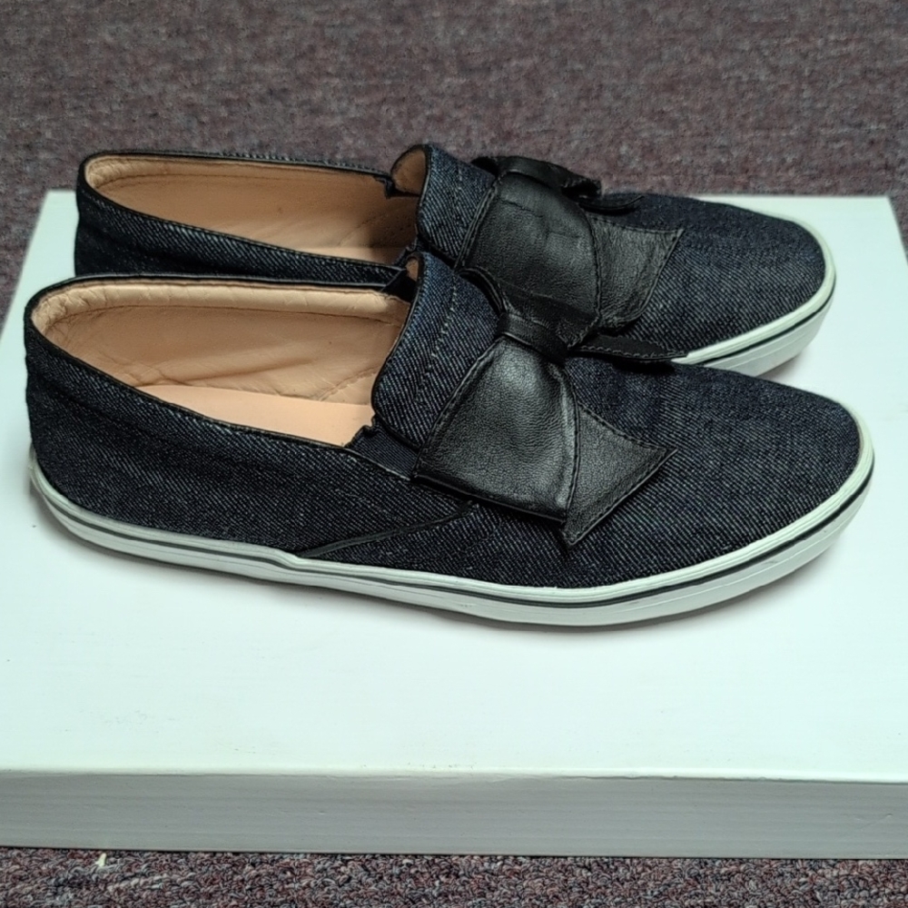 Women's Dark Denim Slip-On With Black Leather Bow Shoes